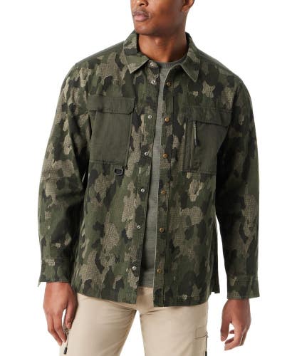 Bass Outdoor Shirt Jacket Men Green Camo Snap Front Relaxed Fit Workwear UPS1290