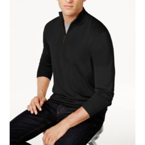 Club Room Sweater Men's XL Deep Black Wool Blend Quarter-Zip Pullover UPS923