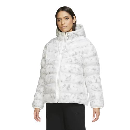 Nike Puffer Jacket Women's Small White Gray Swoosh Logo Hooded Full Zip UPS940