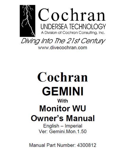 Printed Manual for Cochran Gemini Scuba Dive Computer, Wireless Monitor 69 Pages