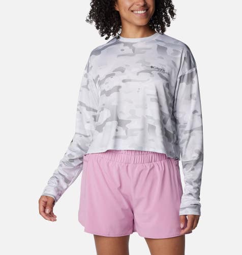 Columbia Sportswear PFG Super Tidal Shirt Womens 2XL Gray Camo Crew Neck UPS958