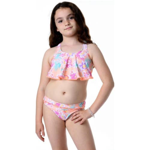 Hobie Two-Piece Set Girls 8 Orange Allover Floral Print Stretch Swimwear UPS1238