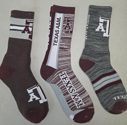 ST3 Mens NCAA TEXAS A&M AGGIES Crew Socks Lot of 3 Pair LARGE New
