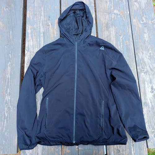 Reebok Mens L Black Lightweight Windbreaker Full Zip Hooded Running Jacket