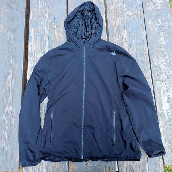 Reebok Mens L Black Lightweight Windbreaker Full Zip Hooded Running Jacket