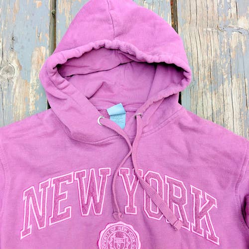 New York Embroidered Spellout Hoodie Plum Purple Faded Wash Boxy Pullover S