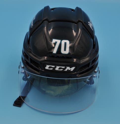 San Jose Cuda AHL Game-Used CCM Super Tacks X HTSPTX Black #70 Noah Beck Pro Stock Helmet M