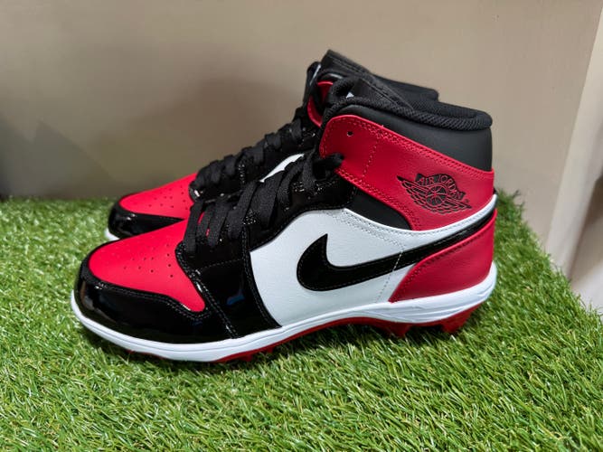 Nike Jordan 1 Mid TD Football Cleats Bred Patent Leather FJ6805-601 Men's 10 NEW