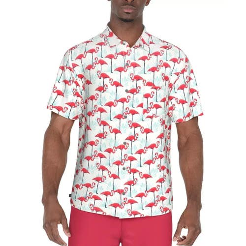 PGA Tour Polo Shirt Men's Large White Flamingo Stretch Regular Fit Golf FTS1633