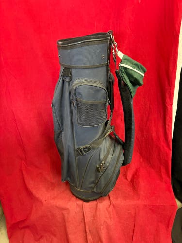 Golf Bag: Blue cart golf bag with multiple exterior pockets and a green pouch