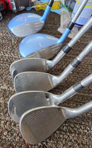 SET 6 LADIES LYNX CRYSTAL CAT GOLF CLUBS 3,5 WOODS; 8,9,PW,SW IRONS W NEW GRIPS