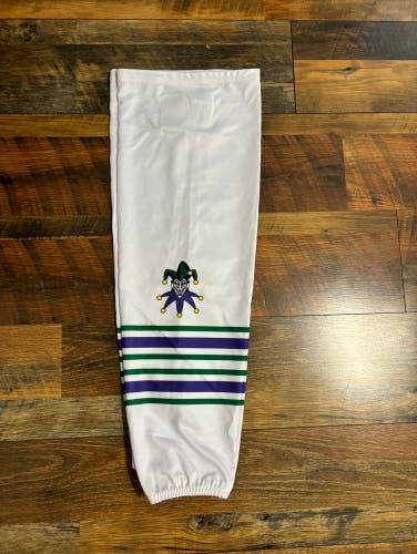 Atlanta Gladiators Joker DC game worn ECHL White Senior Socks Pro Stock (Used)