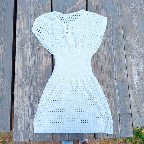 White Crochet Knit Beach Cover Up Mini Dress Tunic Boho Coastal Vacation Women's