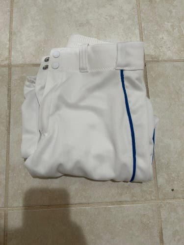 White Men's Small Adult Majestic Tapered Pants (Blue Piping)