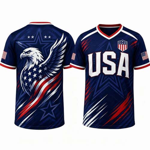 USA Soccer Jersey Shirt | American Flag Bald Eagle Patriotic Red White Blue Football Kit