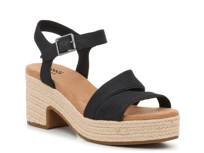 Toms Kiki Sandals Womans US 6.5 Black Ankle Strap Block Heel Espadrille HTAT1457