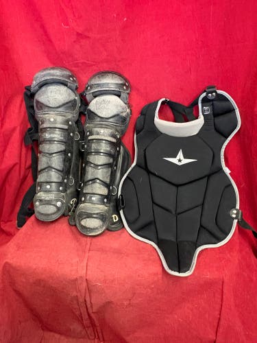 Catchers gear: All-Star Catcher's Set. Shin guards, chest pad (sz: 9-12), helmet (Aaustable).