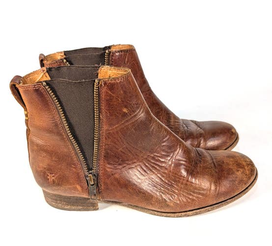 Frye Carly Zip Chelsea Brown Leather Boots Womens Size 9B