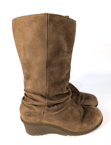 Keen Akita Brown Leather Wedge Heel Boots Mid Calf Pull On Womens Size 8