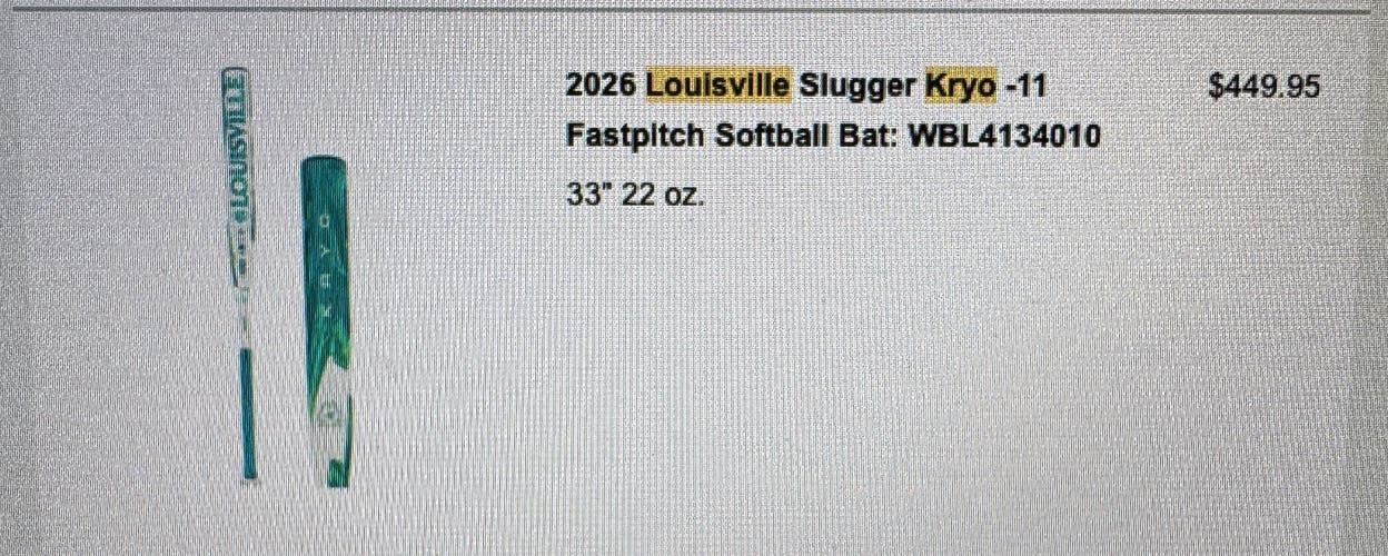 2026 Louisville Slugger Kryo Composite Bat (-11) 22 oz 33" (Used)