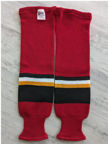 New Men's Adult Medium Red KOBE Athletic Knit Ice Hockey Socks with Black trim and yellow pipe