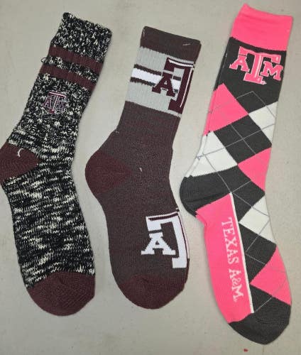 ST6 Mens NCAA TEXAS A&M AGGIES Crew Socks Lot of 3 Pair MEDIUM New