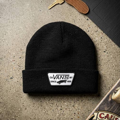 Vans Off The Wall Black Cuffed Beanie Hat Skater Patch Logo Unisex One Size