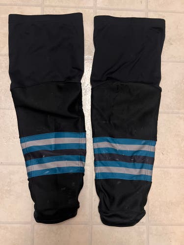 SJ Barracuda Black Teal Grey Senior Large CCM Pro Stock Socks (Game Worn)