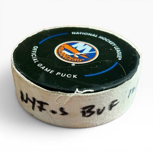TAGE THOMPSON Game Used 150th GOAL PUCK Buffalo Sabres at NY Islanders 12-23-24