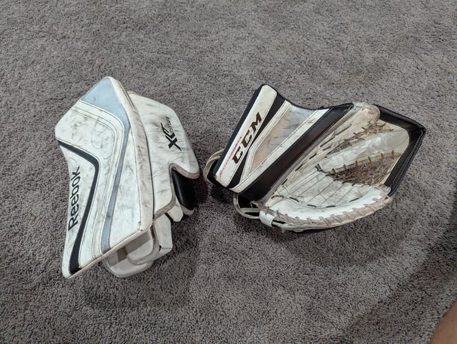 Adult Goalie Glove Set - Reebok X28 Blocker & CCM E-Flex II 860 Catcher - White/Black/Silver