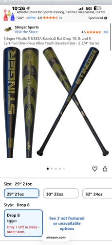 Stinger Missile 3 BBCOR Certified Bat (-8) 21 oz 29" (New)