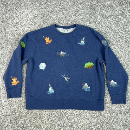 Disney Sweatshirt Womens XL Blue Fleece Crewneck Icons Parks Embroidered Logo