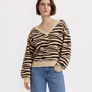 Levi's Flower Sweater Women's 2XL Wavy Zebra Long Sleeve V-Neck Cropped FROG605