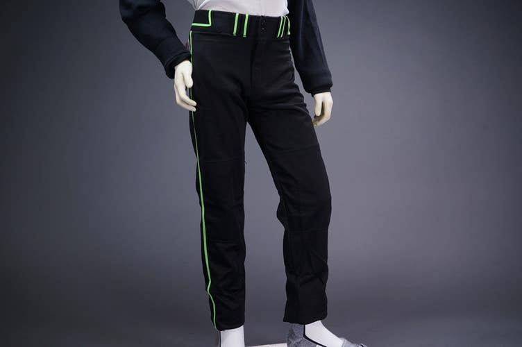 COMBAT PIPED STOCK OPEN BOTTOM BASEBALL/SOFTBALL PANTS, BLACK/GREEN ~ YOUTH S