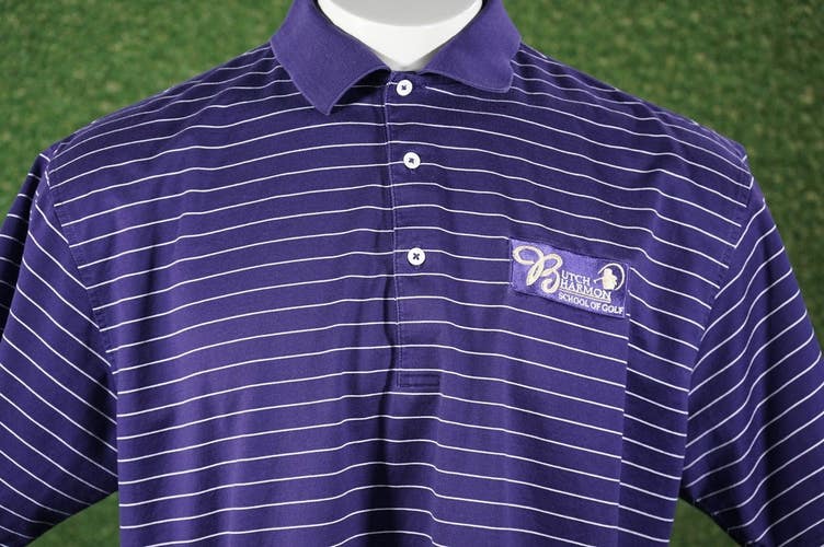 FAIRWAY & GREENE BUTCH HARMON SCHOOL OF GOLF POLO PURPLE / WHITE STRIPED LARGE