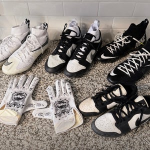 Men's Size 15 football cleats and large pair of gloves
