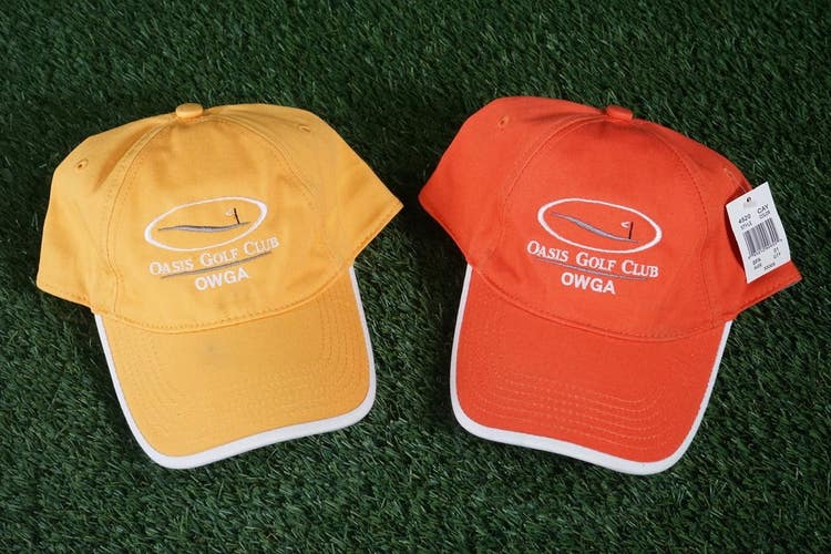 2 PAGE & TUTTLE OASIS GOLF CLUB OWGA GOLF HATS CAPS ORANGE YELLOW WOMENS ~ L@@K!