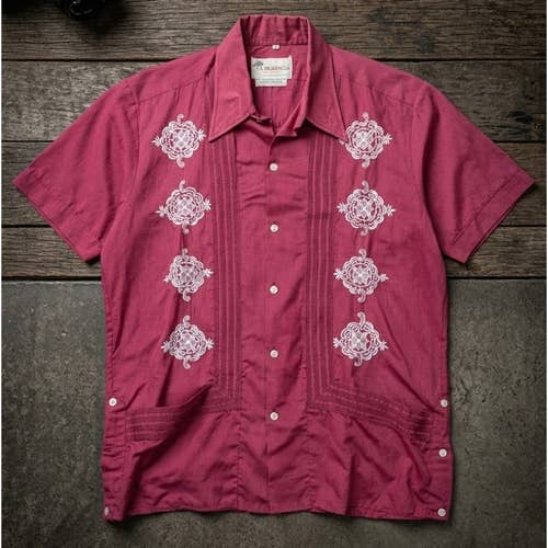 Vintage La Diligencia Maroon Embroidered Guayabera Style Shirt Men's M Mexico
