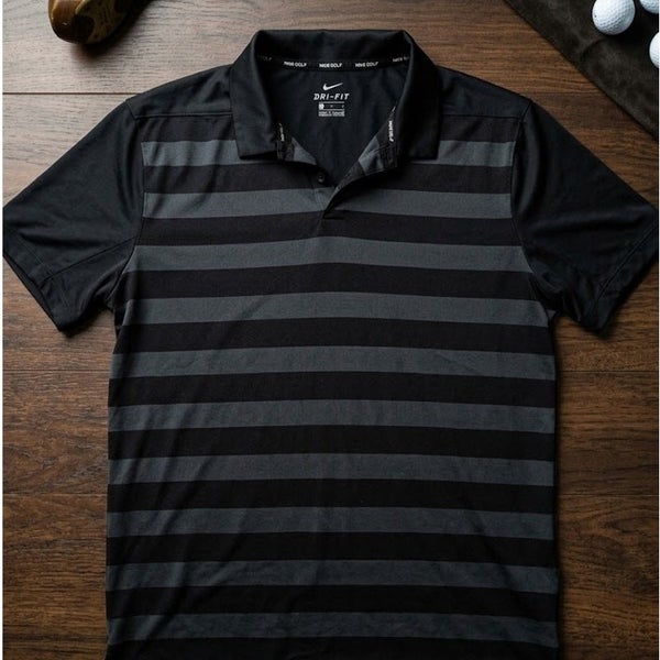 Nike Golf Dri-FIT Mens Large Polo Shirt Striped Black Grey Performance Active