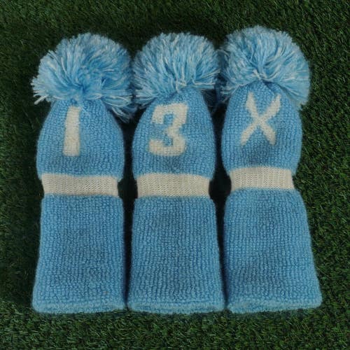 3 VINTAGE LADIES KNIT POM HEADCOVERS SET BABYT BLUE / WHITE 1,3,X WOOD ~ L@@K!!