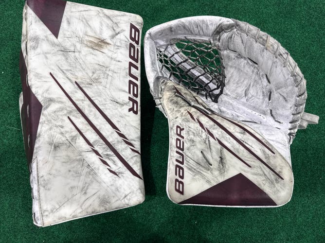 Maroon & White Senior Bauer Hyperlite Goalie Glove & Blocker Set Regular (Used)