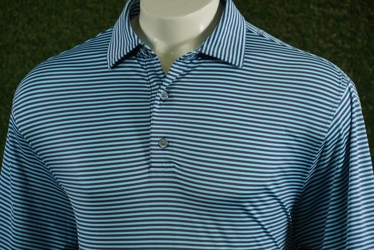 MENS LARGE FOOTJOY MULTI-STRIPE PIQUE GOLF POLO NAVY / LIGHT BLUE / WHITE, VGC