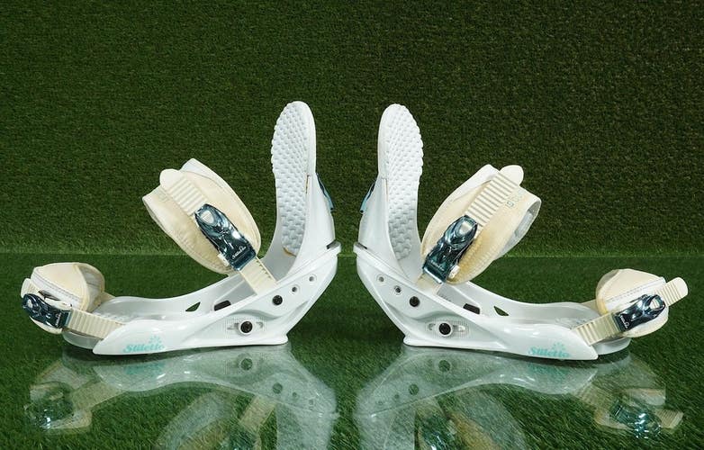 BURTON STILETTOS SNOWBOARD BINDINGS WHITE & BLUE, WOMEN'S SIZE LARGE WITH DISCS