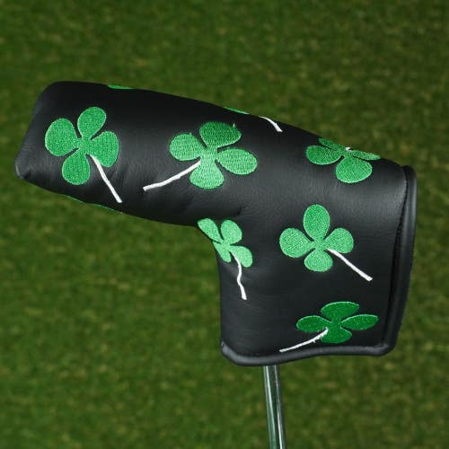 FOUR LEAF CLOVER BLADE PUTTER HEADCOVER LUCKY IRISH BLACK / GREEN ~ LOOK!!