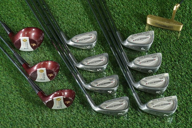 UNIQUE GOLD GOLF STARTER SET 12pc. REGULAR FLEX STEEL RH ~ LOOK!!