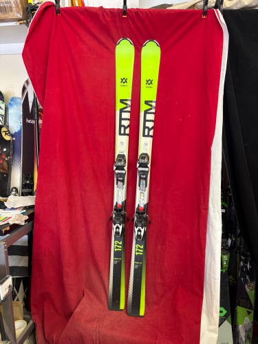 Skis: Volkl RTM 8.0 skis, 172cm. 
Bindings: Marker 
Binding Range: 260-388mm
All mountain, 17R, 80 c