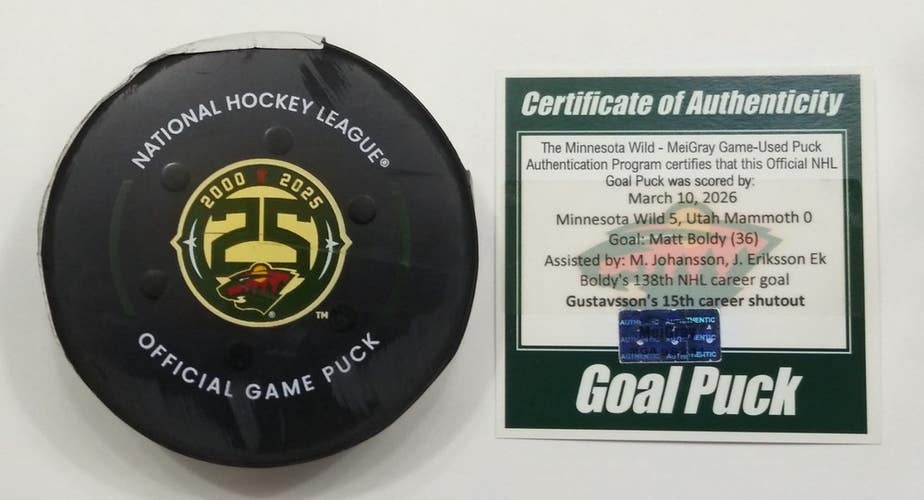 3-10-26 MATT BOLDY Minnesota Wild vs Utah Mammoth NHL Game Used GOAL Puck