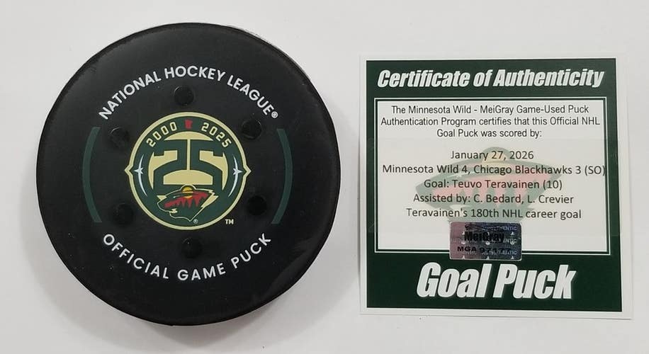 1-27-26 TEUVO TERAVAINEN Chicago Blackhawks @ Wild Game Used GOAL Puck Bedard A.