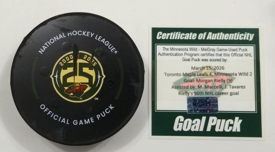 3-15-26 MORGAN RIELLY Toronto Maple Leafs @ Wild NHL Game Used GOAL Puck