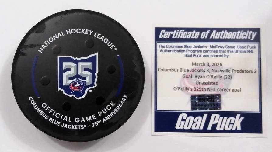 3-3-26 RYAN O'REILLY Nashville Predators @ Columbus NHL Game Used GOAL Puck